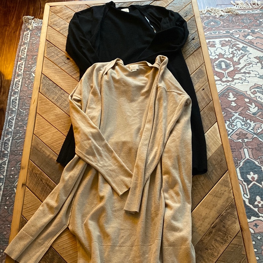 2 long cardigan sweaters (tan and black)